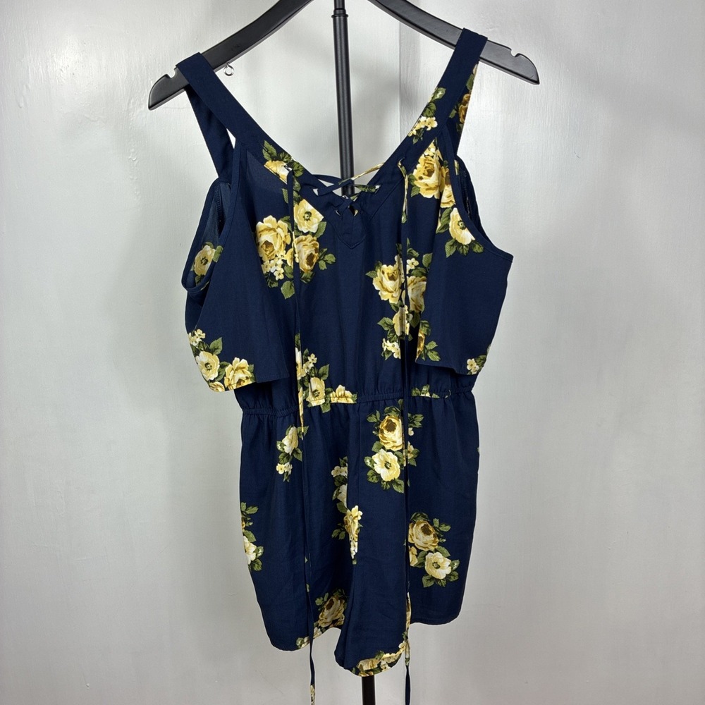 E&M Navy Blue Floral Romper Off Shoulder Sleeve Lace Front Size M Women's Teen